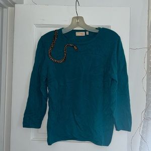 Teal/Green/Blue Cashmere Sweater with Hand-Beaded Details